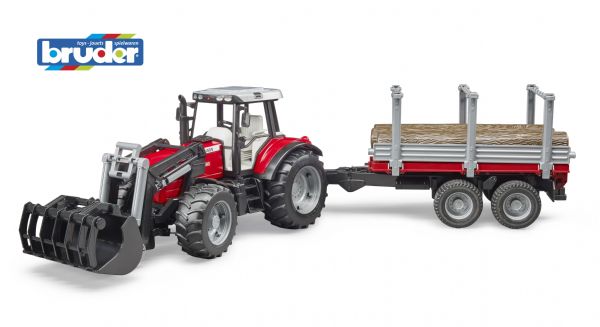 TRACTOR MASSEY FERGUSON 7480 CON PALA FRONTAL Y REMOLQUE FORESTAL BRUDER