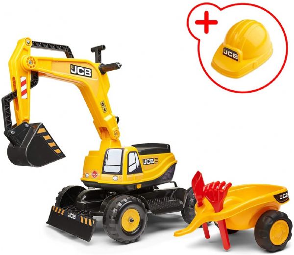 EXCAVADORA JCB CON CASCO, HERRAMIENTAS Y REMOLQUE 