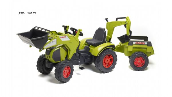 Tractor a pedales claas axos con pala excavadora y remolque 2025