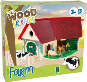 GRANJA DE MADERA CON ANIMALES Y GRANJERO 