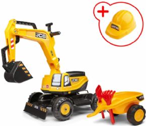 EXCAVADORA JCB CON CASCO, HERRAMIENTAS Y REMOLQUE 
